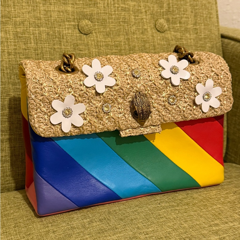 Kurt Geiger Rainbow Leather & Straw Shoulder Bag with White Flower Accents
